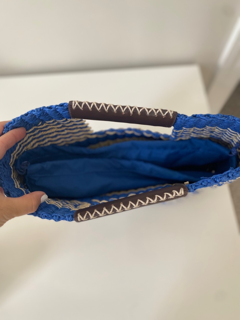 Scoop Nantucket Blue and Cream Woven Tote with Brown Handle - Picture 5 of 8
